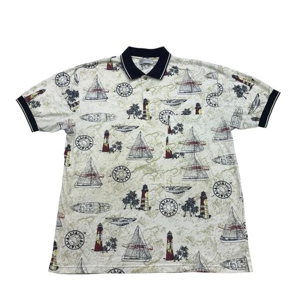 Vintage Michael Austin Polo Shirt Mens 2X Nautical Lighthouse Sailboat - Picture 1 of 12